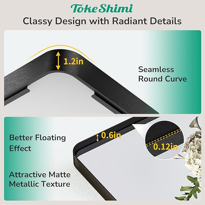 TokeShimi 42x36 Black Bathroom Mirror for Over Sink,Aluminum Framed Vanity Mirror with Tempered Glass,Modern Wall Mirrors(Horizontal/Vertical)
