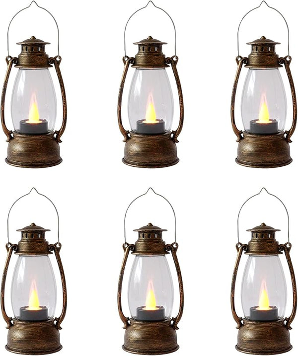 (12 Pcs-5.1in) Mini Lanterns for Vintage Western Christmas Decor, Lightweight Bronze Small LED Lanterns Decorative Indoor & Outdoor Hanging Ornaments for Weddings Party Halloween Decorations