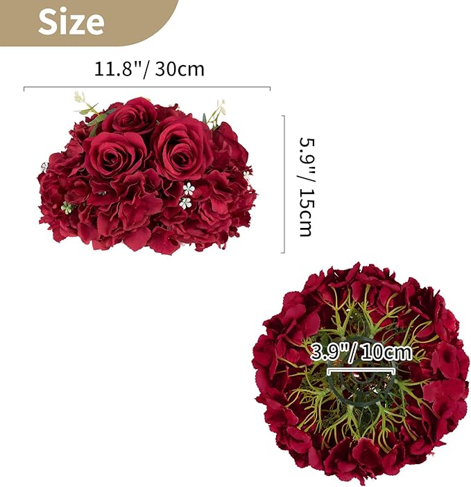 NUPTIO Flower Balls for Centerpieces Wedding: 2 Pcs 11.8 inch Diameter Artificial Flower Ball Arrangement Bouquet Centerpiece for Tables - Burgundy Fake Rose Flowers for Wedding Decor