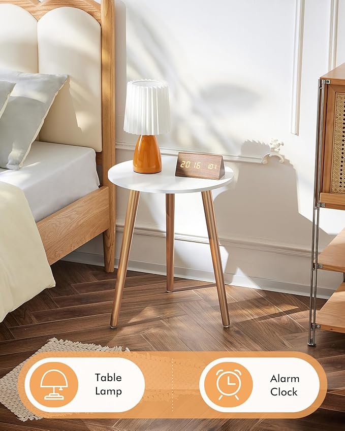 Apicizon Round Side Table, Gold Nightstand End Table for Living Room, Bedroom Home Decor Bedside Table with Gold Wood Legs 16.5 Inches
