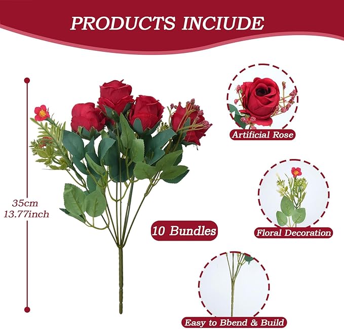 10 Bunches Red Roses Artificial Flowers, Flores Rojas Silk Flower Arrangement for Decoration Outdoor Wedding Party Indoor Home Bedroom Kitchen Office