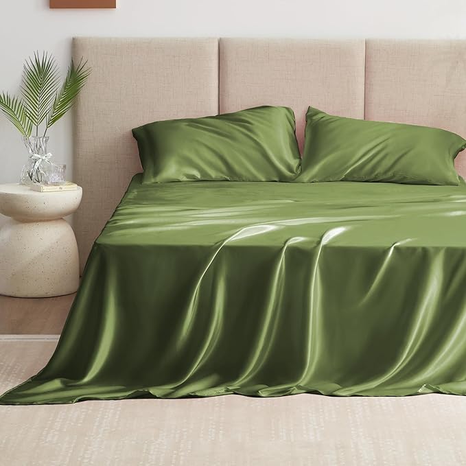 Love's cabin Satin King Sheet Sets - 4 Piece Sage Silky Sheets King Size Bed Set with Deep Pocket, Luxury Silk Feel King Size Satin Sheet Set (1 Flat Sheet,1 Fitted Sheet,2 Pillow Cases)