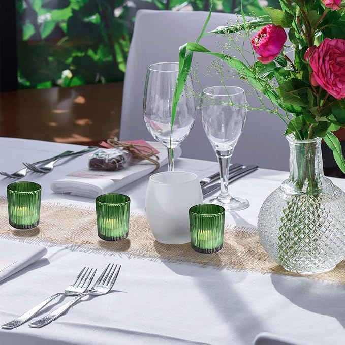 VOHO 12pcs Candle Holder Ribbed Glass, Green Votive Candle Holders for Wedding Party Table Centerpieces, Glass Tealight Candle Holder for Birthday Gift(2.1'' x 2.6'', Green)
