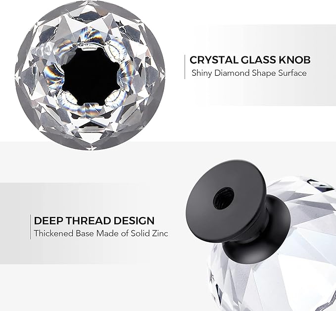 Ravinte 25 Pack Crystal Knobs for Dresser Drawers - 30 mm Glass Cabinet Knobs With Black Base, Diamond Shaped