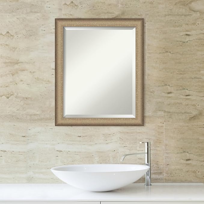 Amanti Art Bronze Bathroom Mirror for Over Sink, 23x19 Elegant Brushed Bronze Narrow Rectangle Vanity Mirror, Small Casual Frame, Hangs Horizonally and Vertically, Bathroom Wall Decor, Beveled Edge