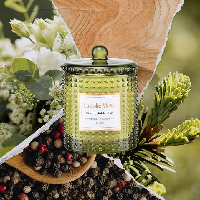 LA JOLIE MUSE Christmas Candles, Starlit Golden Fir Candle - Cedarwood, Patchouli, Fir Balsam | 10 oz Natural Soy Wax | 55 Hours Clean Burn |Winter Holiday Gift | Gift-Ready for Hosts & Gatherings