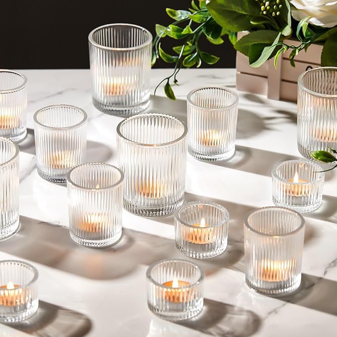 Mumufy 24 Pcs Assorted Votive Candle Holders Ribbed Glass Tealight Candle Holder Bulk for Table Centerpiece, Baby Shower, Home and Wedding Party Decoration (Clear)