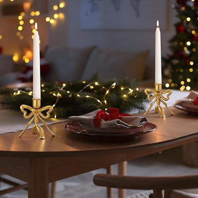 Mumufy 4 Pcs Gold Bow Taper Candle Holder Vintage Metal Candle Stick Holders Antique Brass Decorative Candlestick for Wedding Christmas Home Table Decor, 4.5" W x 4.3" H
