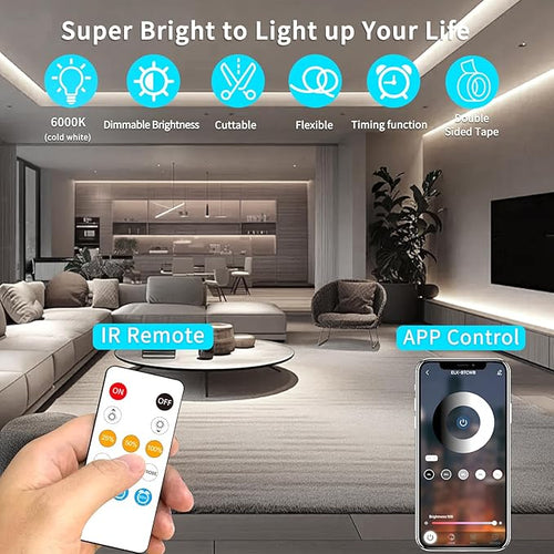 16.4ft COB LED Strip Lights 6000K White Dimmable DC 24V Flexible LED Tape Light for Bedroom, with Remote and app Control LED Light Strip,for DIY Home Decoration