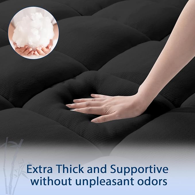 ELEMUSE Twin Black Cooling Bamboo Viscose Mattress Topper for Back Pain, Extra Thick Mattress Pad Cover, Plush Soft Pillowtop with Elastic Deep Pocket, Overfilled Down Alternative Filling