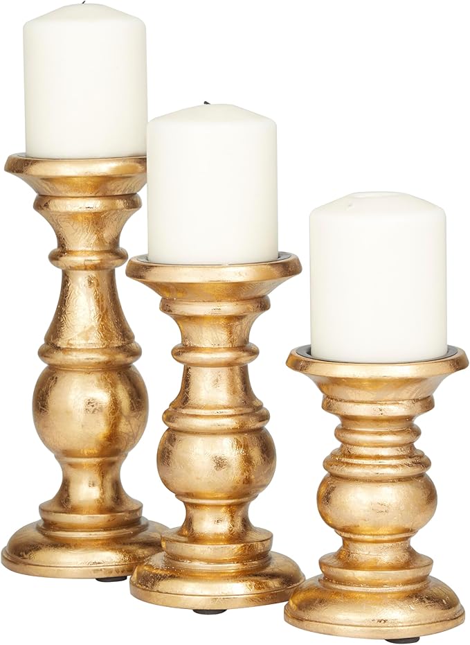 Deco 79 Mango Wood Decorative Candle Holder Turned Style Pillar Candle Stand, Set of 3 Candlestick Holder 10", 8", 6"H, Gold