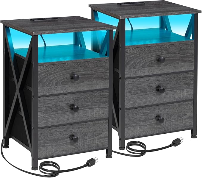 AMHANCIBLE Night Stand Set 2, LED Nightstand with Charging Station, End Side Tables with USB Port & Outlet, Bedside Table with Fabric Drawers for Bedroom Living Room, Dark Grey, HET053LDG