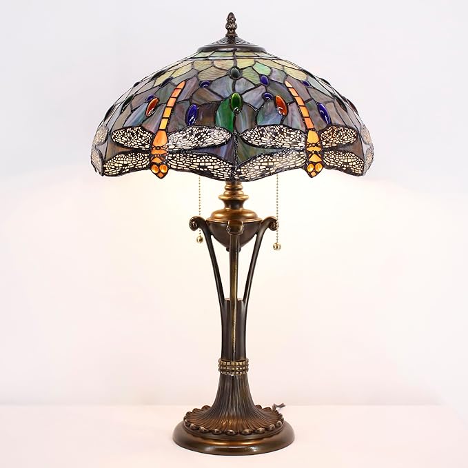 Tiffany Table Lamp Brown Yellow Stained Glass Desk Lamp 16X16X24 Inches Dragonfly Style Reading Light