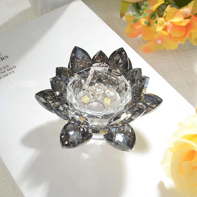 Crystal Lotus Flower Tealight Candle Holders/Glass Tea Light Candlestick Decor Decoration for Christmas Home Wedding Party… (1, Black 1pc)