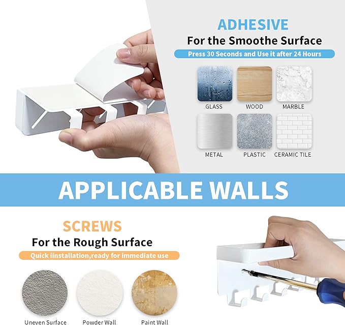 GTK Key Holder for Wall, Key Hooks with Tray and 6 Hooks, Wall Mounted Key Holder for Hallway, Key Rack with Shelf for Mail Storage (White)