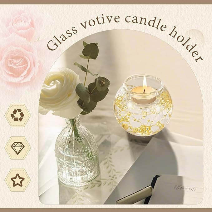 8 Pcs Glass Clear Votive Floating Candle Holders with 8 Pcs Bright Pearl String Beads, Tealight Bowl Candle Holder Bulk for Wedding Centerpiece Home Bridal Shower Party Decor (Gold)