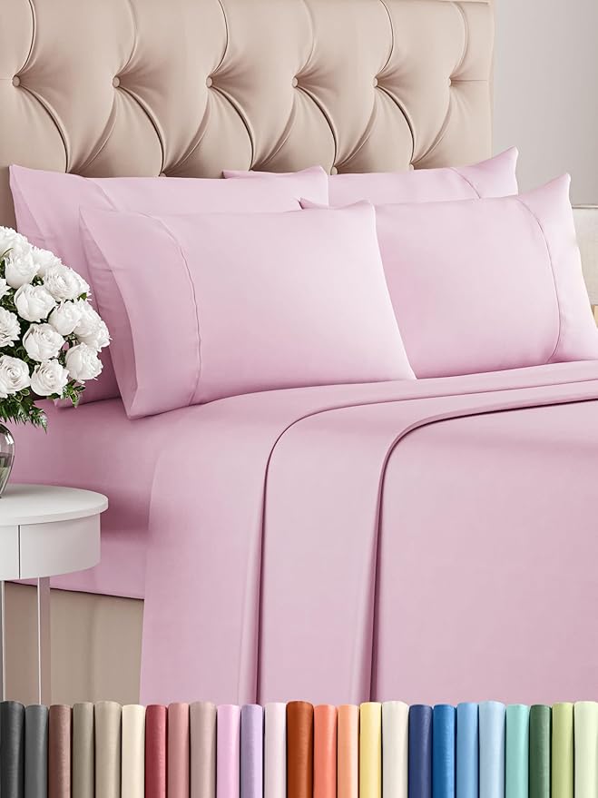 Full 6 Piece Sheet Set - Comfy Breathable & Cooling - Ultra-Soft Hotel Luxury Bedding Set with 8-16 Inch Deep Pockets - 1 Flat & 1 Fitted Sheet & 4 Pillowcases - Wrinkle Free & Easy Care - Light Pink