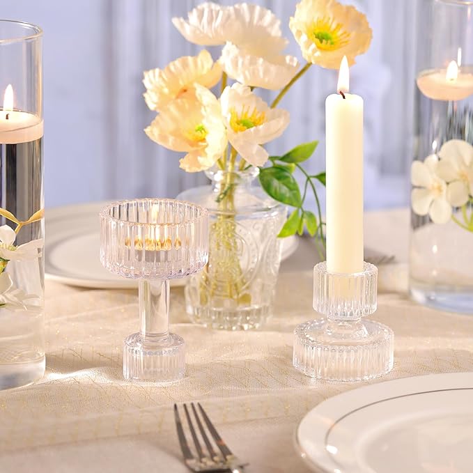 Candlestick Holders Bulk, 6 Pcs Clear Combination Candle Holders Set, Crystal Candle Holders for Wedding, Table Centerpiece, Home Decoration