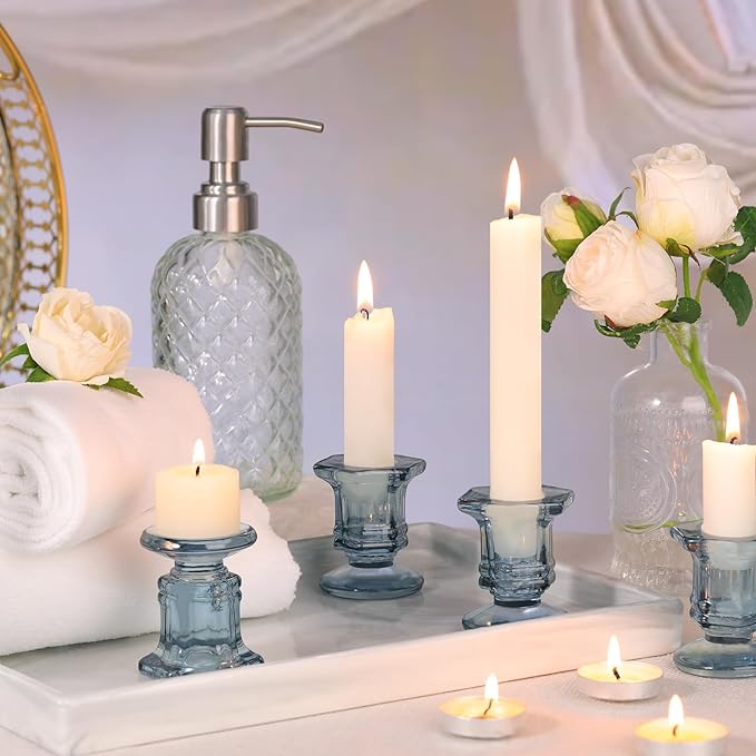 Blue Candlestick Holders Bulk, 12 Pcs Glass Candle Holders Set,Crystal Taper Candle Holder for Wedding, Table Centerpiece, Home Decoration