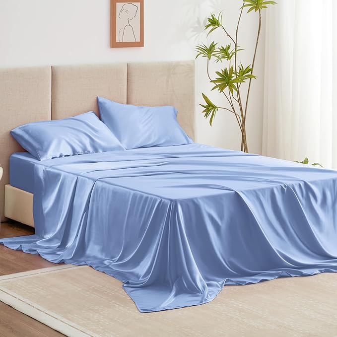 Love's cabin Satin King Sheet Sets - 4 Piece Sky Blue Silky Sheets King Size Bed with Deep Pocket, Luxury Silk Feel King Size Satin Sheet Set (1 Flat Sheet,1 Fitted Sheet,2 Pillow Cases)