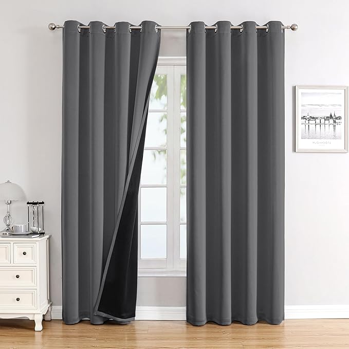 ChrisDowa 100% Blackout Curtains 102 inch Long for Bedroom with Black Liner, 2 Thick Layers Total Blackout Thermal Insulated Grommet Window Curtains 2 Panels Set (Grey, 52 x 102 Inch)