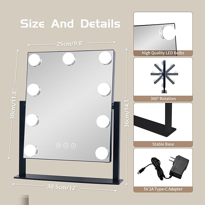 Vanity Mirror with Lights,Makeup Mirror with Lights with 9 Dimmable LED Bulbs, 3 Color Lighting Modes Detachable 10X Magnification Mirror Touch Control,360°Rotation