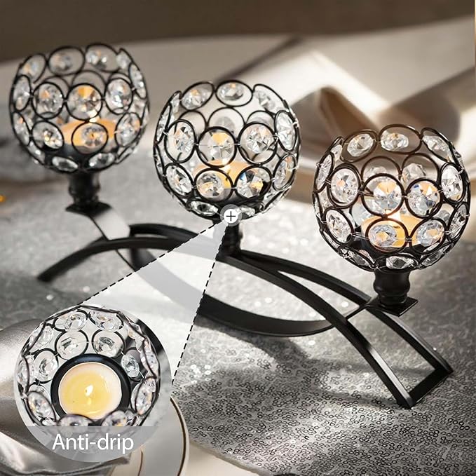 Crystal Tealight Candle Holder Centerpiece Home Decorative Candlestick Holder Elegant Table Centerpiece Home Decor Wedding Party Anniversary (Black, Set of 3)