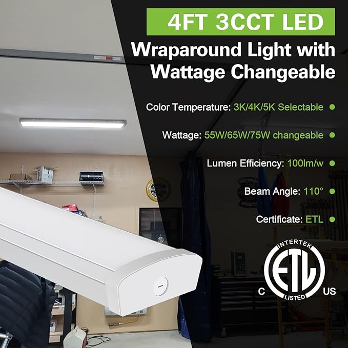 4FT LED Flush Mount Wraparound Light, with 3 Wattages/3 Lumens/3 CCT Selectable, 55W/65W/75W, 5500lm/6500lm/7500lm, 3000K/4000K/5000K, 4 Foot LED Wraparound Light Fixture for Garage, Office, ETL