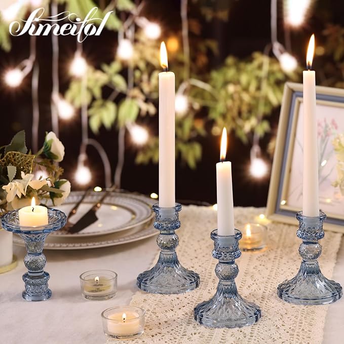 Glass Candle Holder Set of 12, Blue Taper Candle Holders Bulk, Vintage Candlestick Holders, Candle Stick Holder for Table Centerpieces, Wedding, Festival & Home Decor