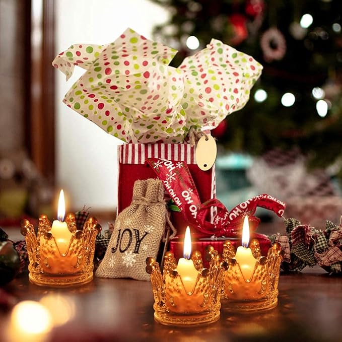 Vixdonos Crown Glass Tealight Candle Holder Set of 12 Votive Candle Holders for Wedding, Party and Home Decor (Gold Tips)