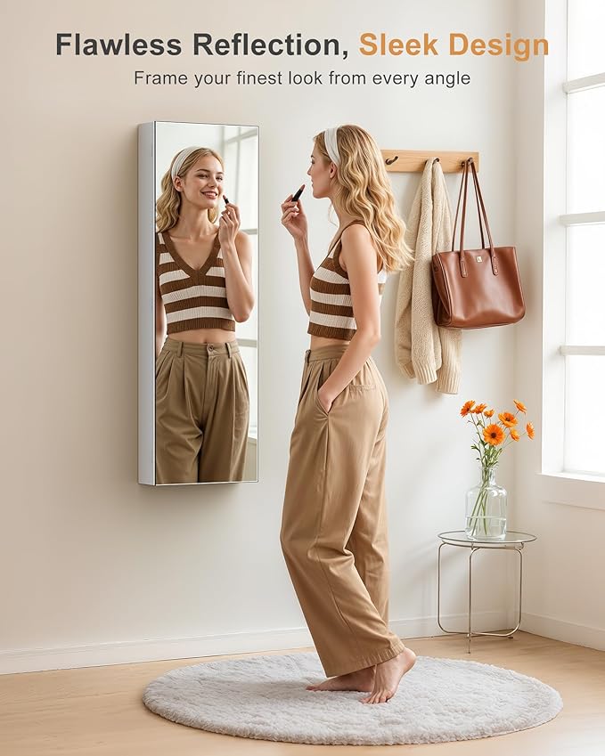 Nicetree Jewelry Armoire with Mirror, Wall/Door Mounted Jewelry Cabinet, Lockable Jewelry Organizer with Full-Length Mirror, Frameless Mirror with Storage, Black Lining