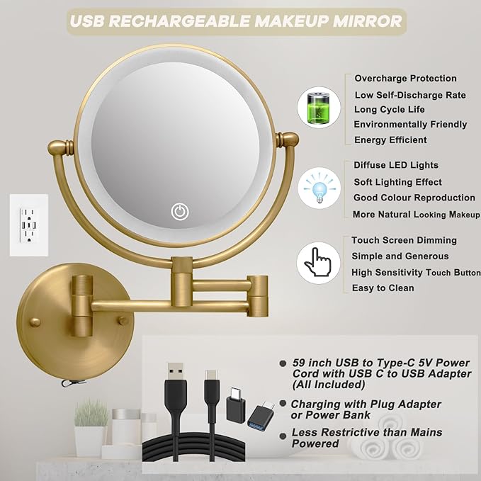 Antique Brass Rechargeable Wall Mounted Makeup Mirror Magnifying, 1X/10X Magnifying Mirror for Bathroom, 8 Inch 2 Sided 360 Swivel Extendable Arm Vanity Shaving Mirror for Bathroom