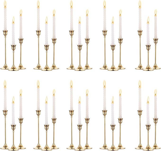 Nuptio Candlestick Holders Taper Candle Holder 10 Sets(30 Pcs) Gold Candle Sticks Holder Metal Candle Holders for Tapered Candles Table Centerpiece for Wedding Candlelight Dinner Birthday Decor