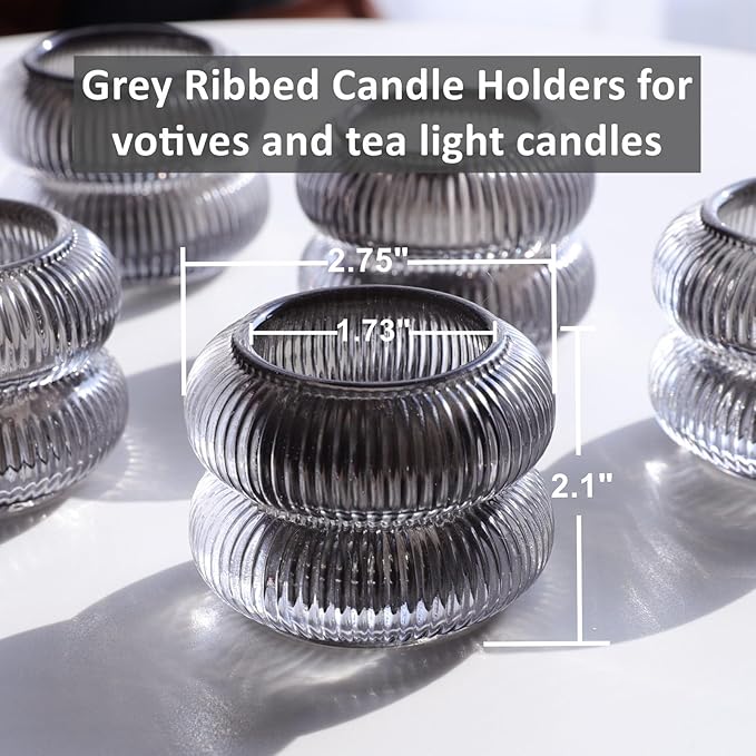 Woho Smoke Grey Votive Candle Holders Set of 6, Vintage Ribbed Tealight Candle Holder for Daily Home Decor, Classy Tea Light Candle Holder Glass for Living Room Table Decor(Grey, 2.1" H X 2.75" D)