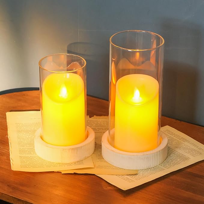 Set of 2 Hurricane Candle Holders with Wood Base & Glass Cylinder (4.2x5.9” & 4.6x7.8”) – Rustic Wooden Candle Holders for Home Decor, Weddings, Table Centerpieces
