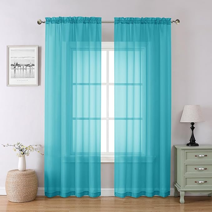 Chyhomenyc Turquoise Sheer Curtains 78 Inches Long 2 Panels Set for Living Room, Light Filtering Voile Lightweight Bedroom Curtains, Rod Pocket Solid Window Treatment Drapes, Each 42W x 78L