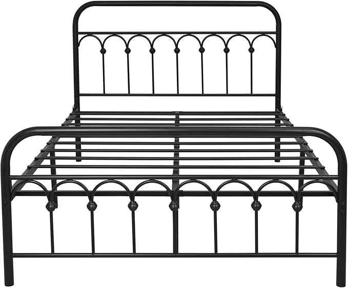 YALAXON Vintage Sturdy Full Size Metal Bed Frame Basic with Headboard and Footboard,No Box Spring Needed,Under Bed Storage (Full,Black)