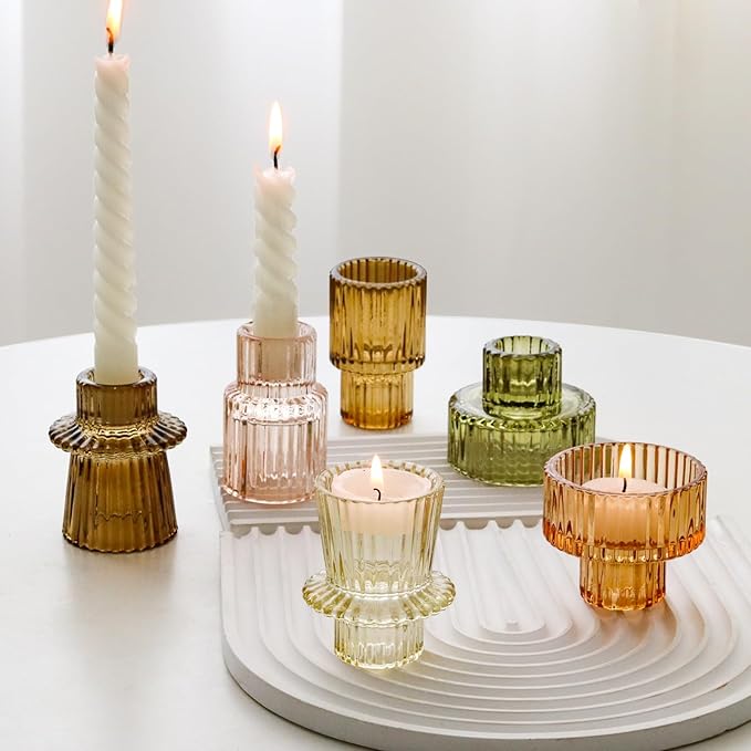 Brown Candlestick Holders 12PCS Ribbed Glass Taper Candle Holders Set for Tealight Candlestick Candles, Table Centerpieces for Thanksgiving Christmas Farmhouse Decor Indoor and Outdoor