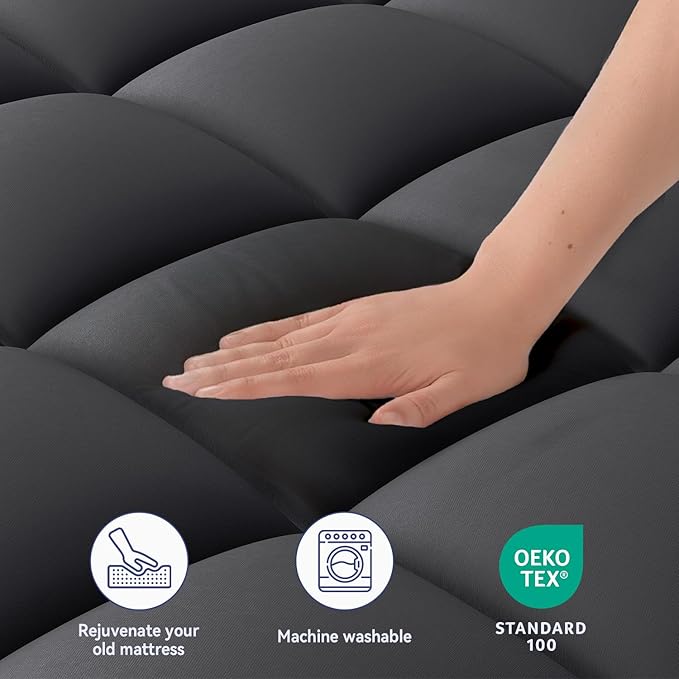 ELEMUSE Twin Black Mattress Topper for Back Pain, Extra Thick Mattress Pad Cover, Plush Soft Pillowtop with Elastic Deep Pocket, Overfilled Down Alternative Filling