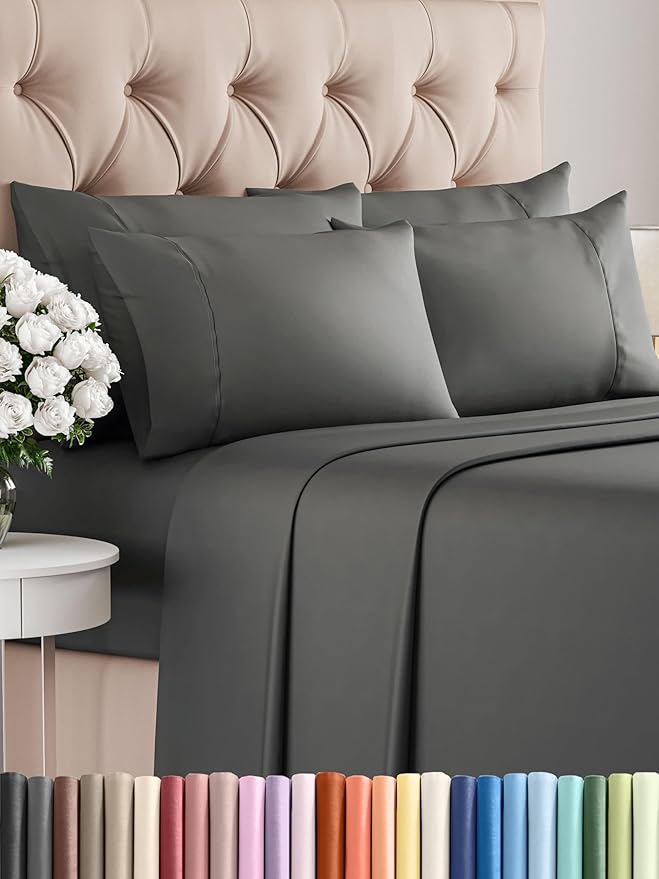 King 6 Piece Sheet Set - Comfy Breathable & Cooling - Ultra Soft Hotel Luxury Bedding Set w/ 8-16 Inch Deep Pockets - 1 Flat & 1 Fitted Sheet & 4 Pillowcases - Wrinkle Free and Easy Care - Charcoal