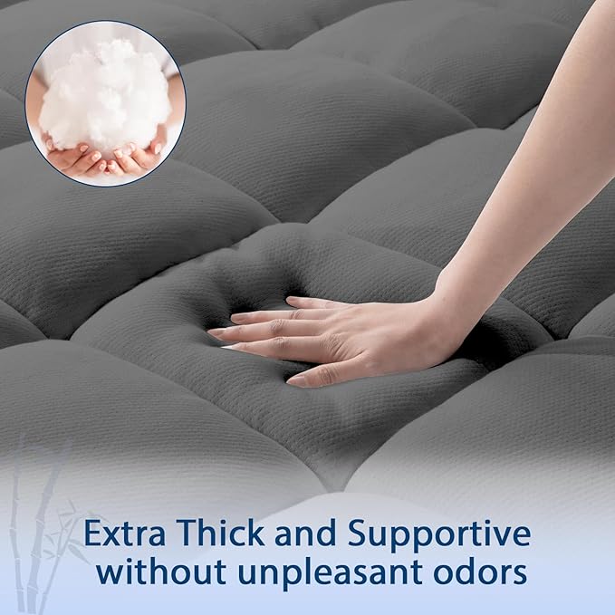 ELEMUSE Full Grey Cooling Bamboo Viscose Mattress Topper for Back Pain, Extra Thick Mattress Pad Cover, Plush Soft Pillowtop with Elastic Deep Pocket, Overfilled Down Alternative Filling