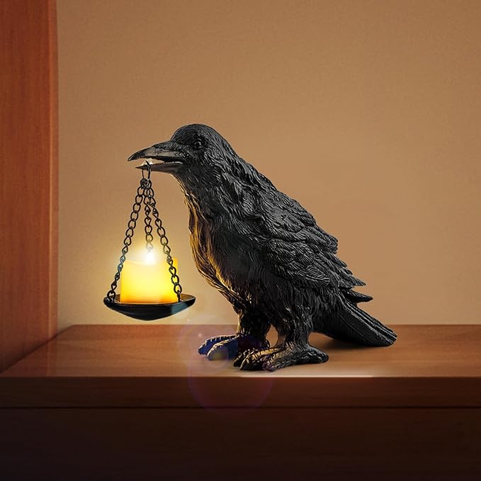 Gothic Home Decor Fake Crow Light Holder Halloween Decorations Indoor Raven Lamp Tealight Candle Holder Resin Statue Black