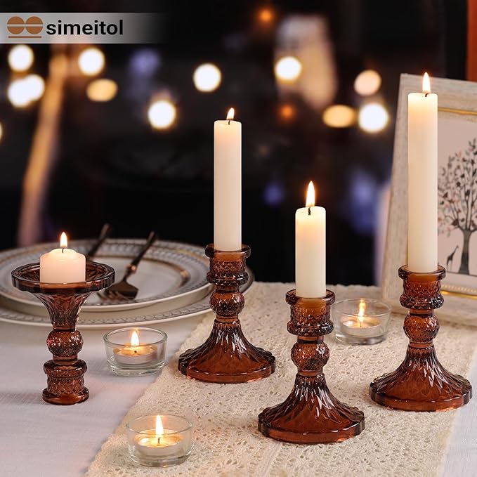 Amber Candle Holder Set of 12, Glass Taper Candle Holders, Amber Candlestick Holders, Candle Stick Holder for Table Centerpieces, Vintage, Home Decor