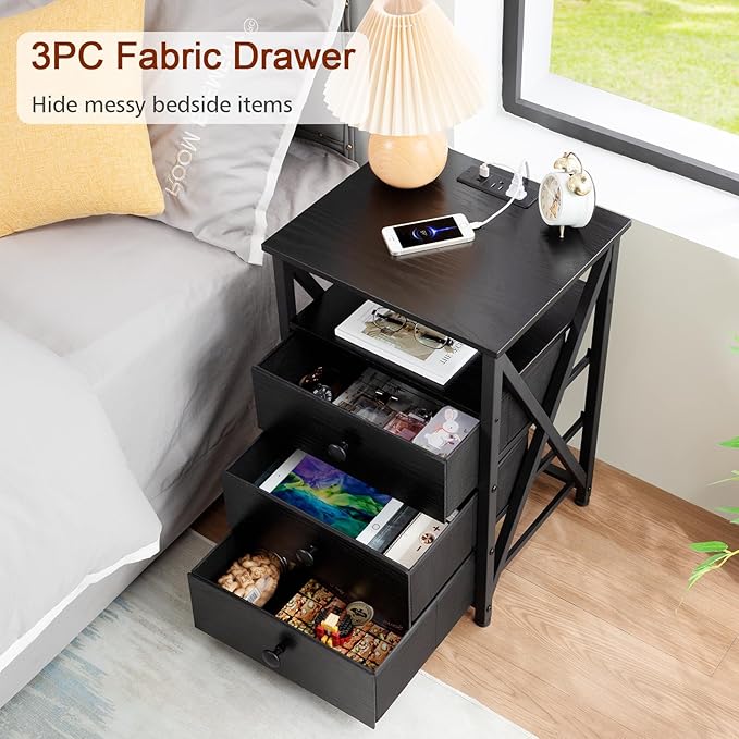 AMHANCIBLE LED Nightstand with Charging Station, Smart End Side Table with USB Port & Power Outlet, Bedside Table with Fabric Drawers for Bedroom, Living Room, Black, HET053LBK1