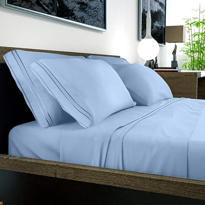 DREAMCARE California King Sheet Sets – 6 pcs Cooling Bed Sheets – up to 21” Deep Cal King Sheets – 2500 Supreme Collection – Extra Soft 100% Brushed Microfiber Hotel Luxury with Side Pocket – L Blue