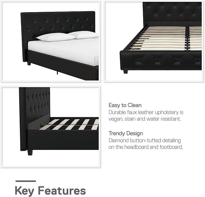 DHP Dakota Upholstered Platform Bed with Diamond Button Tufted Headboard and Footboard, No Box Spring Needed, Full, Black Faux Leather