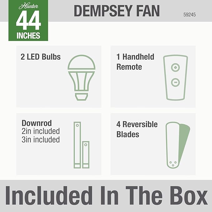 Hunter 44 inch Indoor Ceiling Fan with LED Light and Remote Control - Modern Ceiling Fan, Standard Mount, 4 Blades, For Bedroom, Living Room, or Kitchen, Quiet - Dempsey 59245, Brushed Nickel
