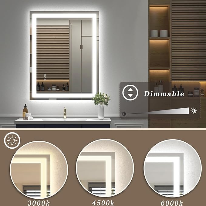 26x36 LED Mirror for Bathroom, Lighted Vanity Mirror for Wall, Dimmable, Anti-Fog, Shatter-Proof, ETL Listed (Front Lights + Backlit)