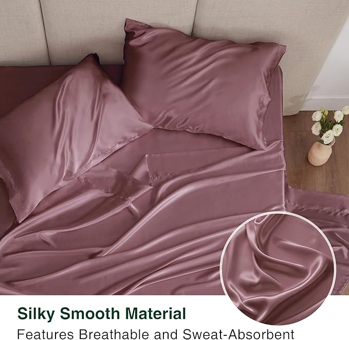 Love's cabin Full Size Satin Sheet Sets - 4 Piece Rose Taupe Silky Sheet Set Full with Deep Pocket, Luxury Silk Feel Bed Sheets Full Bedding Set (1 Flat Sheet,1 Fitted Sheet,2 Pillow Cases)