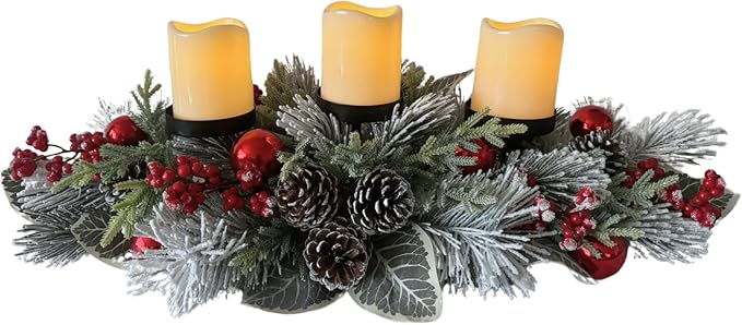 Christmas Candle Holder 3 Candle Holders Xmas Table Centerpiece with Snow Flocked Pine Branches,Pinecones, Red Berries
